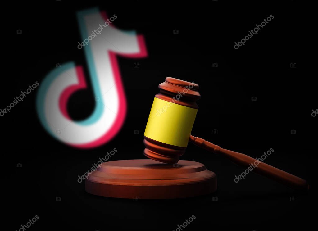 Tiktok Ban in USA Editorial news concept backdrop with 3d rendered gavel and blur sign.