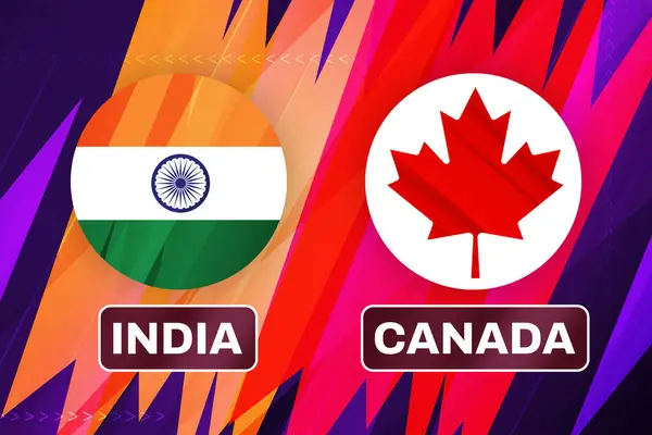 India vs Canada Cricket Match Fixture backdrop with colorful shapes and flags on the both sides.