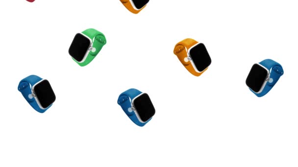 Kolorowe Inteligentne Zegarki Spadające Góry Białym Ekranie Wideo Nowoczesne Zegarki — Wideo stockowe