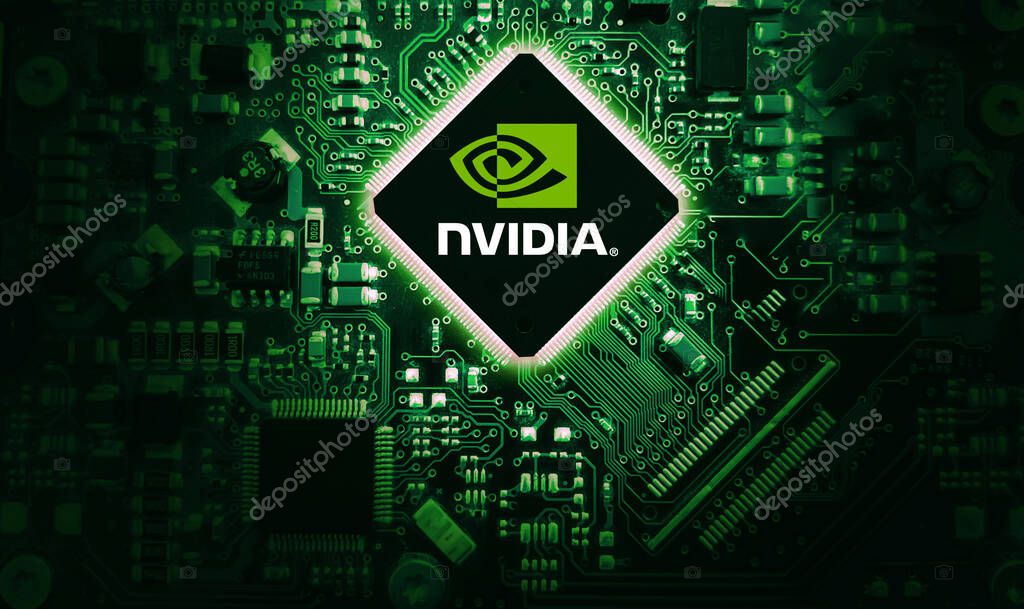 Faster Nvidia Chipset editorial technology backdrop, futuristic tech news. GPU company latest chips concept background
