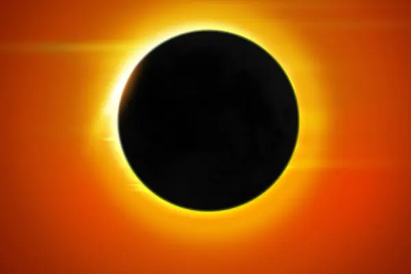 明るい太陽 オレンジ色の空 暗い月が光を止めている完全な太陽の日食の背景 ソーラーエクリプス バックドロップ ストックフォト