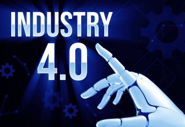 Endüstri 4.0 fütüristik arka plan robotik elle tipografiye dokunarak endüstri devrimini temsil ediyor.