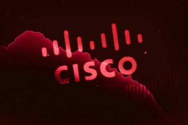 Yazılım ve donanım üreticisi Cisco hisse senedi fiyatları düşüyor, kırmızı alarmlı grafik arkaplanı