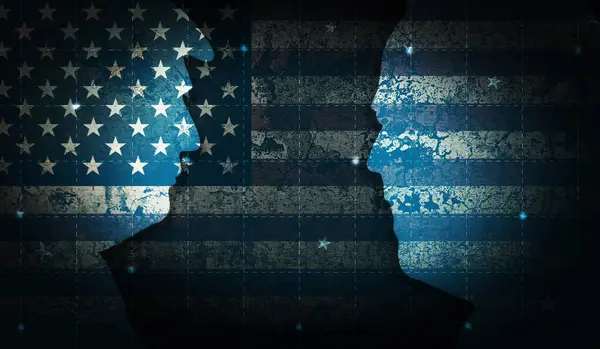 大統領選挙コンセプト バイデン対トランプと米国の旗の背景 アメリカの政治家は編集の背景に直面する ストック写真
