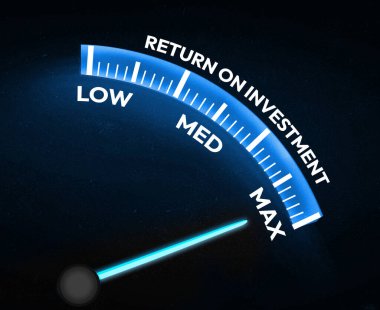 Yatırımın geri dönüşünü gösteren maksimum hız göstergesi iğnesi. İş arkaplanındaki en yüksek ROI