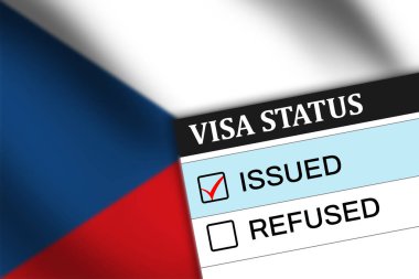 Czech Republic  Visa issued status with flag waving in the backdrop clipart