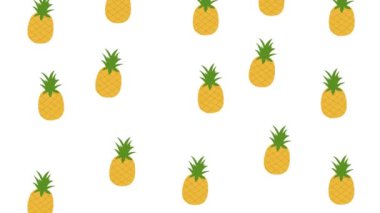 Mavi arka planda ananas. 4K animasyon. Yukarıdaki tasarımdan meyveler düşüyor