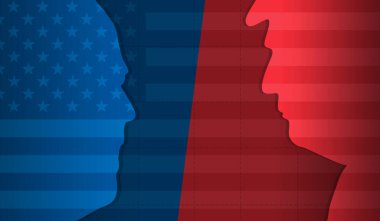 Arka planda ABD Bayrağı olan Mavi ve Kırmızı Vatanseverlik Rengi 'nde Biden, Trump' a karşı minimalist poster tasarımı. Başkanlık seçim konsepti geçmişi