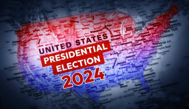 Amerika Birleşik Devletleri Başkanlık Seçimi 2024 arkaplan tasarımı harita ve vatansever renklerle. ABD seçim arkaplanı