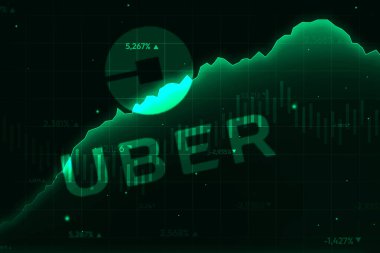 Uber şirketi büyük kar elde ediyor, yeşil grafik performansı gösteriyor. Selamlama servisi yazı arkaplanını kullan