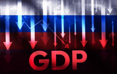 Rus Ekonomisi, tipografi ve oklarla GSYİH kavramında gerileme yaşıyor. Rusya 'nın dalgalı bayrağıyla finans ve iş geçmişi