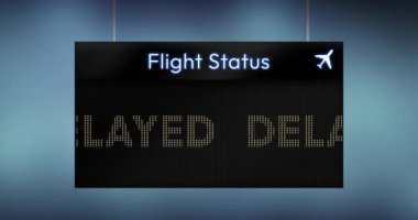 Uçuş Gecikmeli Durumu dijital ekran 4K animasyonunda gösteriliyor. Havaalanı uçuş durumu kavramı