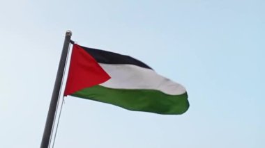 Yalıtılmış gökyüzünde hızlı rüzgarla dalgalanan Plaestine bayrağı, HD video görüntüleri. Yatay Filistin bayrağı videosu.