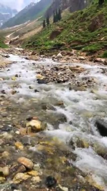Dağlar Vadisi 'nden taze su geliyor, 4K görüntüsü. Dikey Dağlar ve Buzul Su Videosu