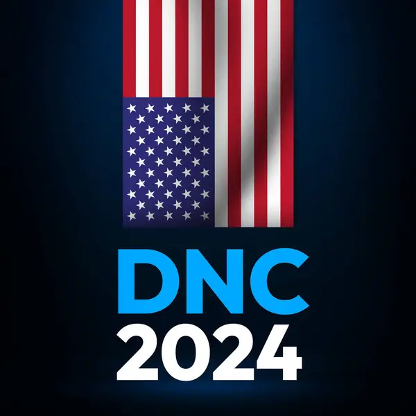 stock image DNC background with flag waving and typography under it. Democratic national convention 2024 design