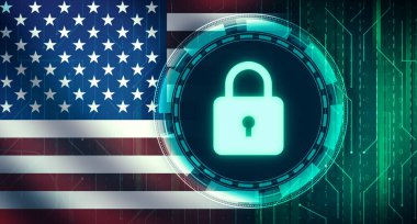 Birleşik Devletler Siber Güvenlik Konsepti bayrak sallama ve fütüristik teknolojiyle donatılmış. Parlak kilit güvenlik arkaplanı