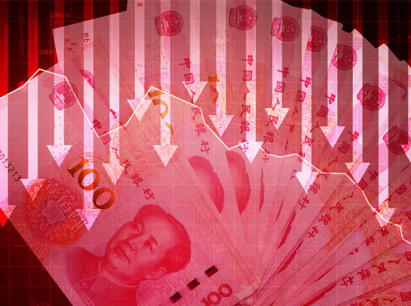 Stock image Chinese Yuan going down red graph with arrows, business and finance background. Currency of China with red arrows backdrop