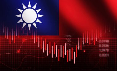 Tayvan Borsası Çöküşü Arkaplanı Dalgalanan bayrak ve grafiği alçalıyor.