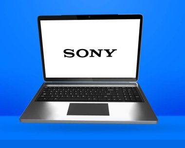 Teknoloji Özellikleri ve Görsel Sunum Üzerine Temiz Odaklanma İçin Mavi Arkaplan ile Dizüstü Bilgisayarda Sony Uygulaması Gösteriliyor