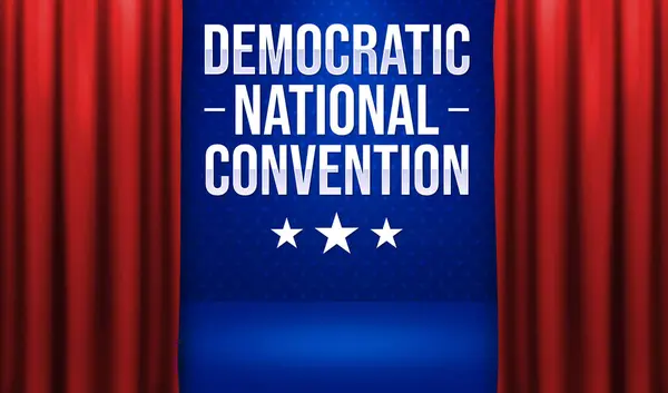 stock image Presidential Election concept background with redcurtains and DNC typography in the center. Democratic national convention blue backdrop design