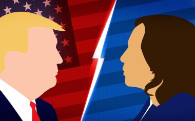 Donald Trump, Kamala Harris 'e karşı başkanlık münazara konsepti ve arka planında Amerikan bayrağı var. Cumhurbaşkanlığı Seçimi 2024 Yazı İşleri
