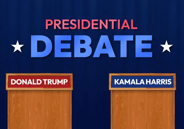 stock image  Presidential Election Debate 2024 News concept Editorial background with Wooden Stages and Typography. Donald Trump Vs Kamala Harris Presidential Debate Backdrop