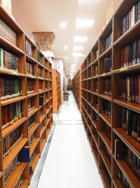 Yanında kitap rafları olan Liberary Walk yolu, insan yok. Liberal dikey arkaplanın iç görünümü