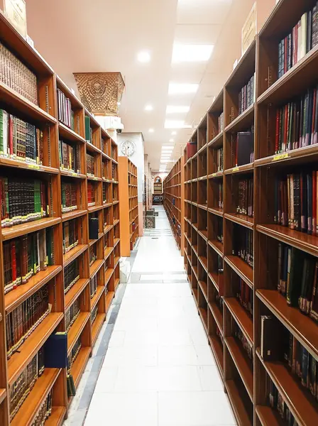 Yanında kitap rafları olan Liberary Walk yolu, insan yok. Liberal dikey arkaplanın iç görünümü