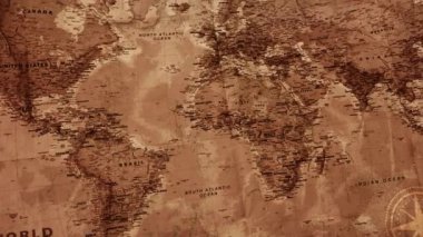 4K Görüntülerindeki Antik ve Geleneksel Dünya Haritası Yakınlaştırması, Afrika ve Ortadoğu bölgesi arka planına odaklan. Tarihi ve eski harita arkaplanı