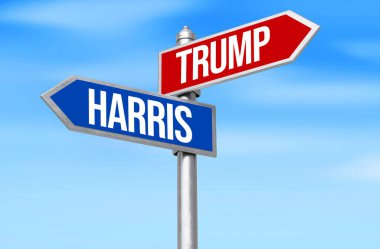 Harris, Trump Pano 3D 'ye karşı, tipografi ile hazırlandı. Başkanlık seçimi ABD 2024 konsept geçmişi her iki aday ismi