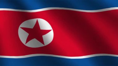 Kuzey Kore bayrağı 4K animasyon arkaplanı sallıyor. Kuzey Kore 'nin gerçekçi bayrağı kırmızı ve mavi renkte, arka planda.