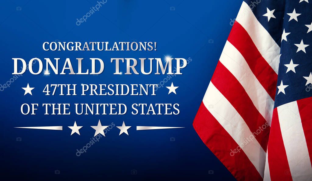 Congratulations Donald Trump, 47th President of the United States, editorial background. Celebrating Republican victory background news concept, presidential election 2024