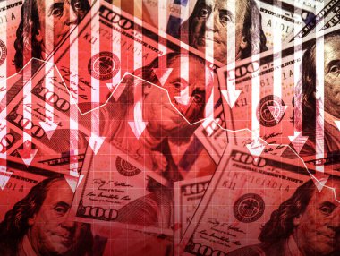Kırmızı grafik ve aşağı bakan oklarla Amerikan doları fiyatı düşüyor, finansal arka plan. Yüksek enflasyon ve değer düşüren para birimi kavramı