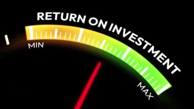 Yatırım Hız göstergesi 4k animasyonuna geri dön. İğne maksimum noktayı göstersin. Yeşil çubuk baskılama başarısı ile ROI iş konsepti