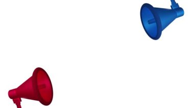 Kırmızı ve mavi megafon, beyaz arka planda, fotokopi alanı ve 4k animasyonlu iki uçtan çıkıyor. Boşluk ile duyuru konsepti