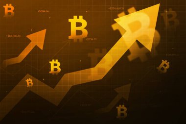 Bitcoin kripto para birimi fiyatları ok ve parlayan işaretlerle yükseliyor, finansal fon. Dijital para birimi fiyatları gerileme kavramı