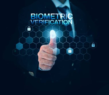 Parmakla ekrana dokunan biyometrik doğrulama sistemi arka plan tasarımı, fütüristik teknoloji arkaplanı. Başparmak tasarımı ile güvenli doğrulama