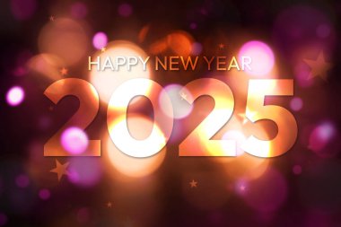 Yeni yılın kutlu olsun, tipografili parlak bokeh tasarım duvar kağıdı. Renkli ve kutlamalı yeni yıl arkaplanı