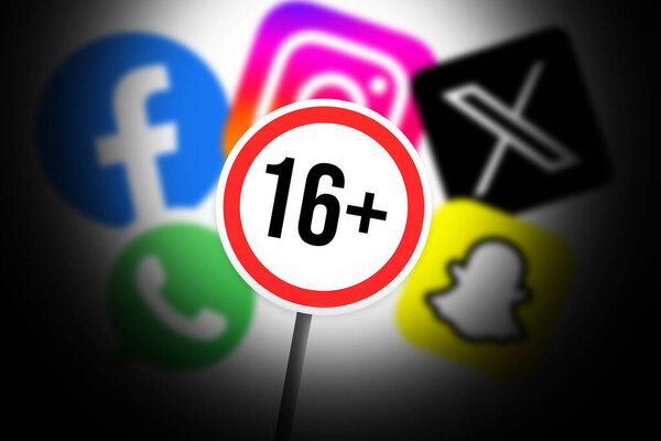 Social Media ban under the age of sixteen, signboard with applications backdrop. Facebook, Whatsapp and other social media apps age limit concept design