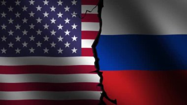 Birleşik Devletler, Rusya 'ya karşı. Ortada çatışma hattı olan bayrak sallıyor. 4K animasyon. Rusya ile ABD arasındaki çatışma kavramı