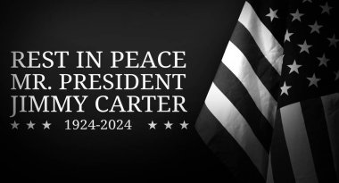  Amerika Birleşik Devletleri 'nin eski 39. Başkanı Jimmy Carter Ölüm tipografisi. Yanında ABD bayrağı sallıyor.