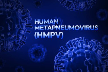 HMPV virüsü parlak tipografi ile mavi şekillerde konsept tasarım yayıyor. İnsan metafnömovirüs tasarım arka planı