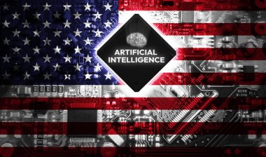 Amerika Birleşik Devletleri 'nde aritik zeka çip tahtasında bayrak, teknolojik fütüristik konsept