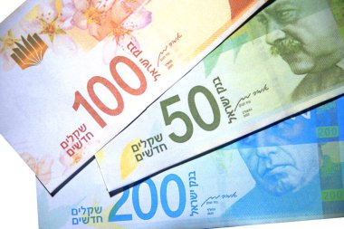 İsrail shekel para birimi birden fazla fatura ile yakın görünüm üst görünüm, iş ve finans kavramı fon