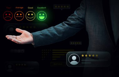 Yıldızlar ve tepkilerin el üstünde olduğu fakir ve mükemmel derecelendirme konsepti. Değerlendirme ve geri bildirim kavramı, grafikler, arkaplan