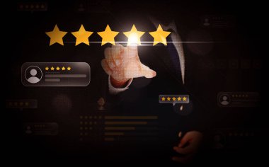 Parlayan parlama, yıldızlar, yorumlar ve geri bildirim ile beş yıldızlı dereceye dokunan kişi. Derecelendirme için yıldızlara dokunun, iş görüşleri konsept tasarımı