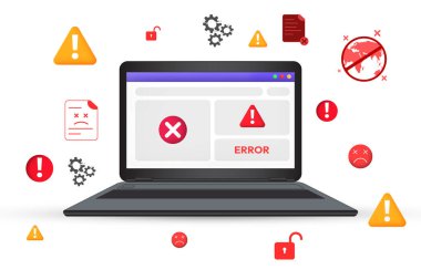 Bilgisayar ekranında sistem hatası ve virüs konsepti tasarımı, kötü amaçlı yazılımın yüzen şekilleri. Hackleme, başarısız, uyarı, grafik