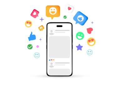 Akıllı telefon ekranı, dijital eğlence ve medya platformları etrafında yüzen modern renkli ve eğlenceli sosyal medya tasarım tepkileri ve duygular