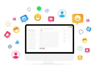 Sosyal medya tepkileri ve merkezdeki bilgisayar ekranının etrafında dolaşmayı seviyor, oyuncu yüzlü dijital medya konsept tasarım arka planı.