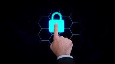 Güvenlik sistemi animasyonu parmaklarıyla ekrana dokunarak, fütüristik teknoloji arkaplanını kapatarak. 4k Görüntü Dokunma ve kilitler Canlandırma görünür